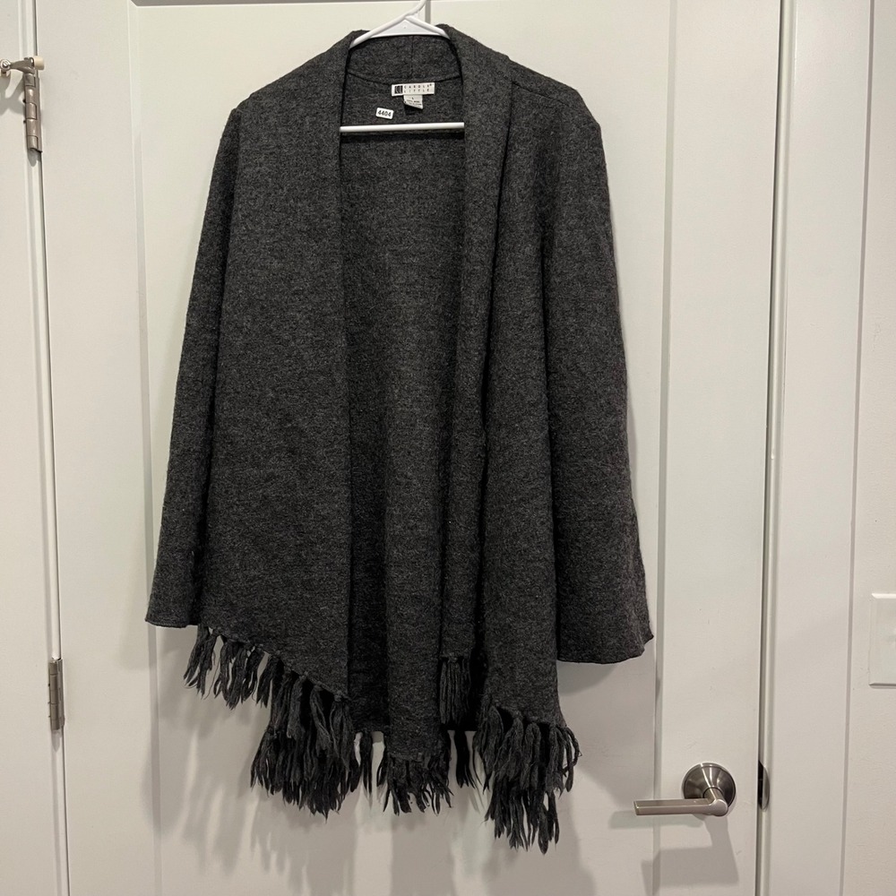 Carole Little Charcoal Gray 100% Wool Fringe Hem Open Front Cardigan Sweater L